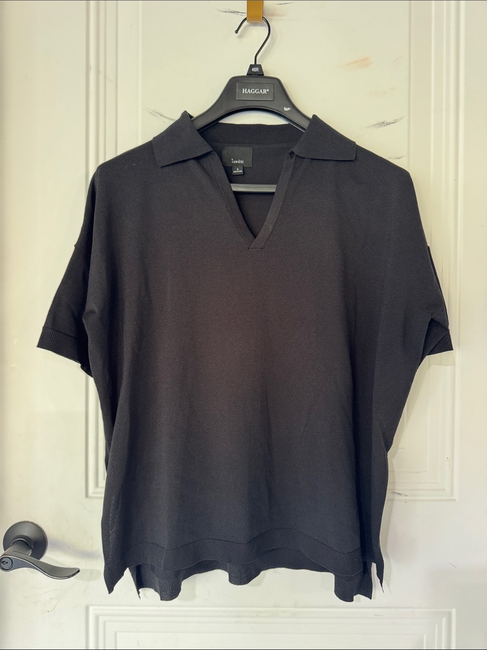 Lumiere women’s Black Knit Open-V Collar Polo